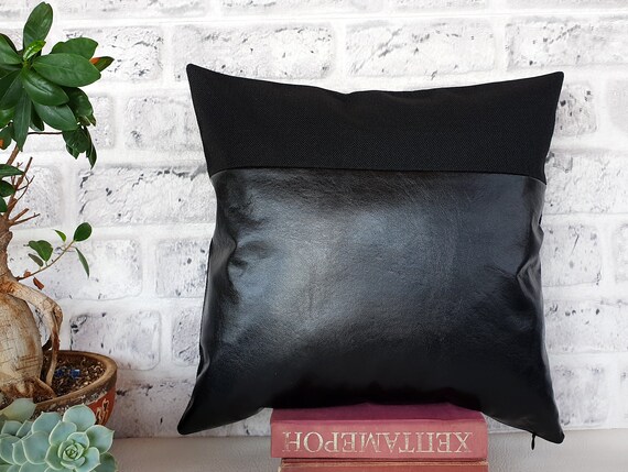 Black Faux Leather Pillow Cover: Poly-Linen Back
