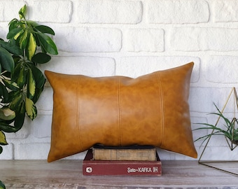 Camel Faux Leather Decorative Stitches Pillow Cover - Faux Leather Design