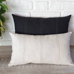 Linen or black fabric lumbar pillow cover with decorative stitches/back side faux leather/modern scandinavian homes-1qty