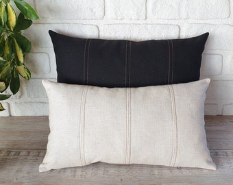Linen Lumbar Pillow Cover, Decorative Stitch, Vegan Leather Back
