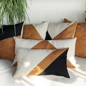 Color block beige-black and camel  faux leather fabric triangle diagonal design cushion cover -6 cover design/Modern pillow cover -1pcs