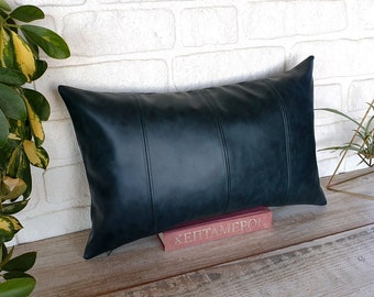 Teal Vegan Leather Lumbar Pillow Cover: Decorative Stitch Accent