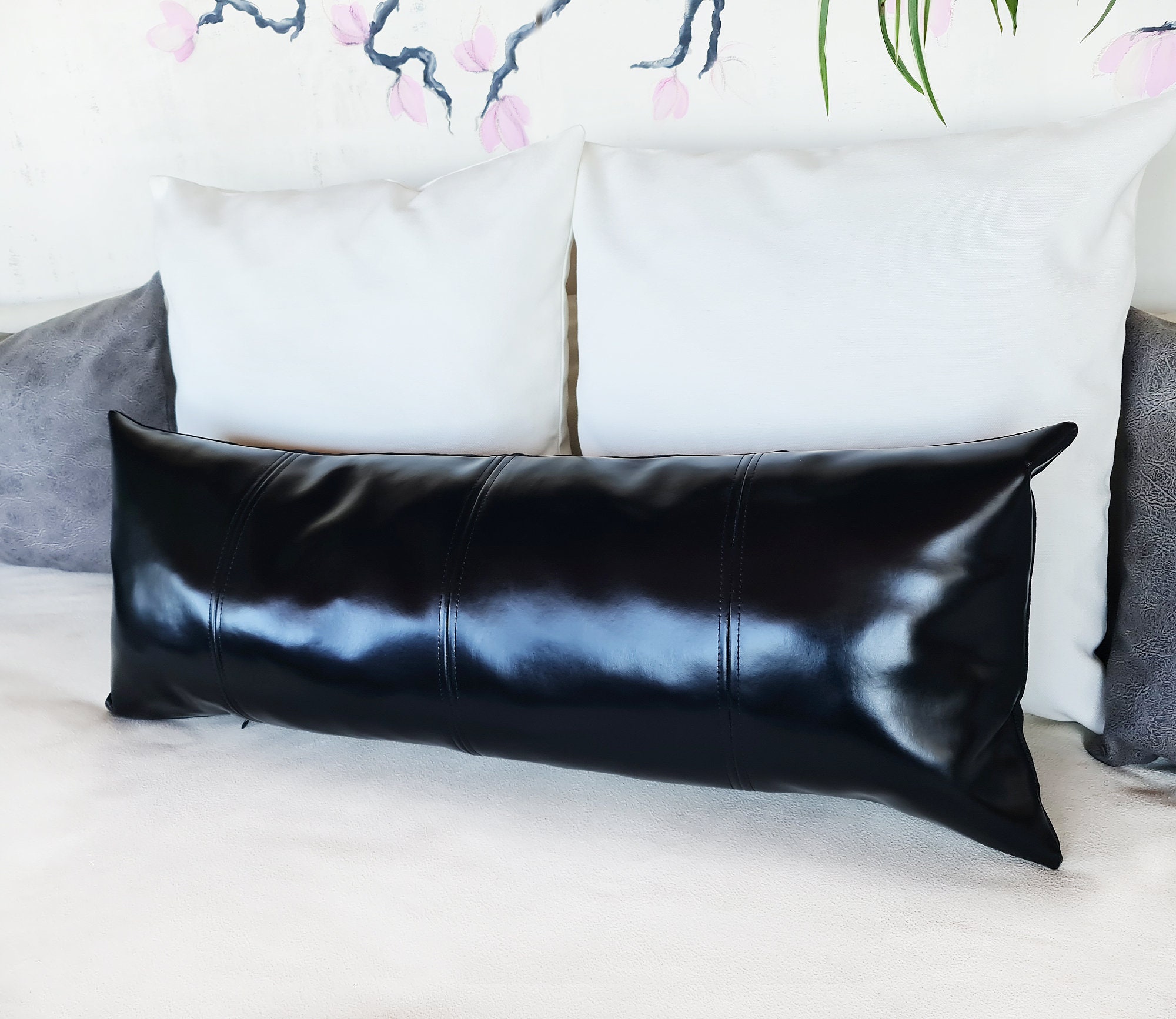 Bioflora black faux leather lumbar pillow cover/cognac/dark green/black colors -4 piece design-4colors/housewarming gift -1pcs