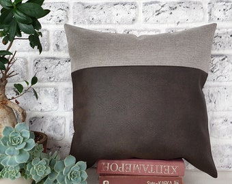 Soft dark brown old look faux leather and gray poly linen color fabric pillow cover/faux leather pillow cover/Modern Houses-1qty