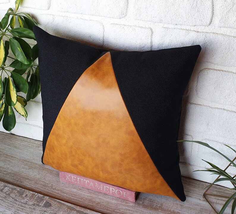 Oscar camel and black fabric triangle design lumbar pillow coverColor block pillowmodern Scandinavian homes-1qty
