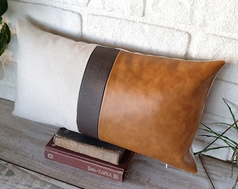 Oscar camel, beige linen fabric and dark brown faux leather strip lumbar pillow cover/Color block pillow/modern scandinavian  homes-1qty
