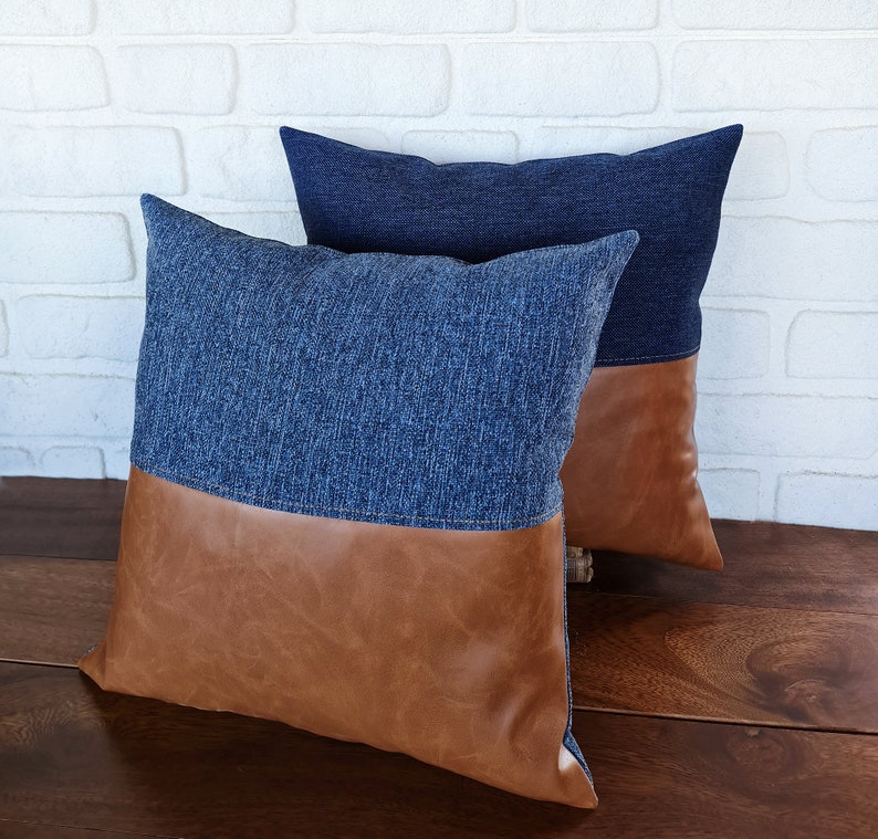 Half cognac faux leather and half denim look blue fabric pillow cover/color block faux leather pillow cover/Housewarming Gift-1qty image 7