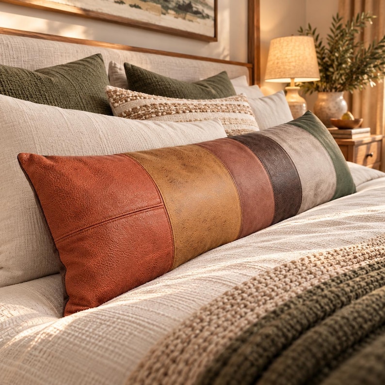 May include: A long rectangular lumbar pillow featuring a color-blocked design with vertical panels in shades of burnt orange, mustard yellow, terracotta, dark brown, and olive green, crafted from a textured material resembling leather.