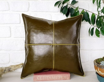 Piecewise Square Design Orient Olive Green Faux Leather Throw Pillow with Decorative Stitches and Insert - Scandinavian Home Decor - Khaki