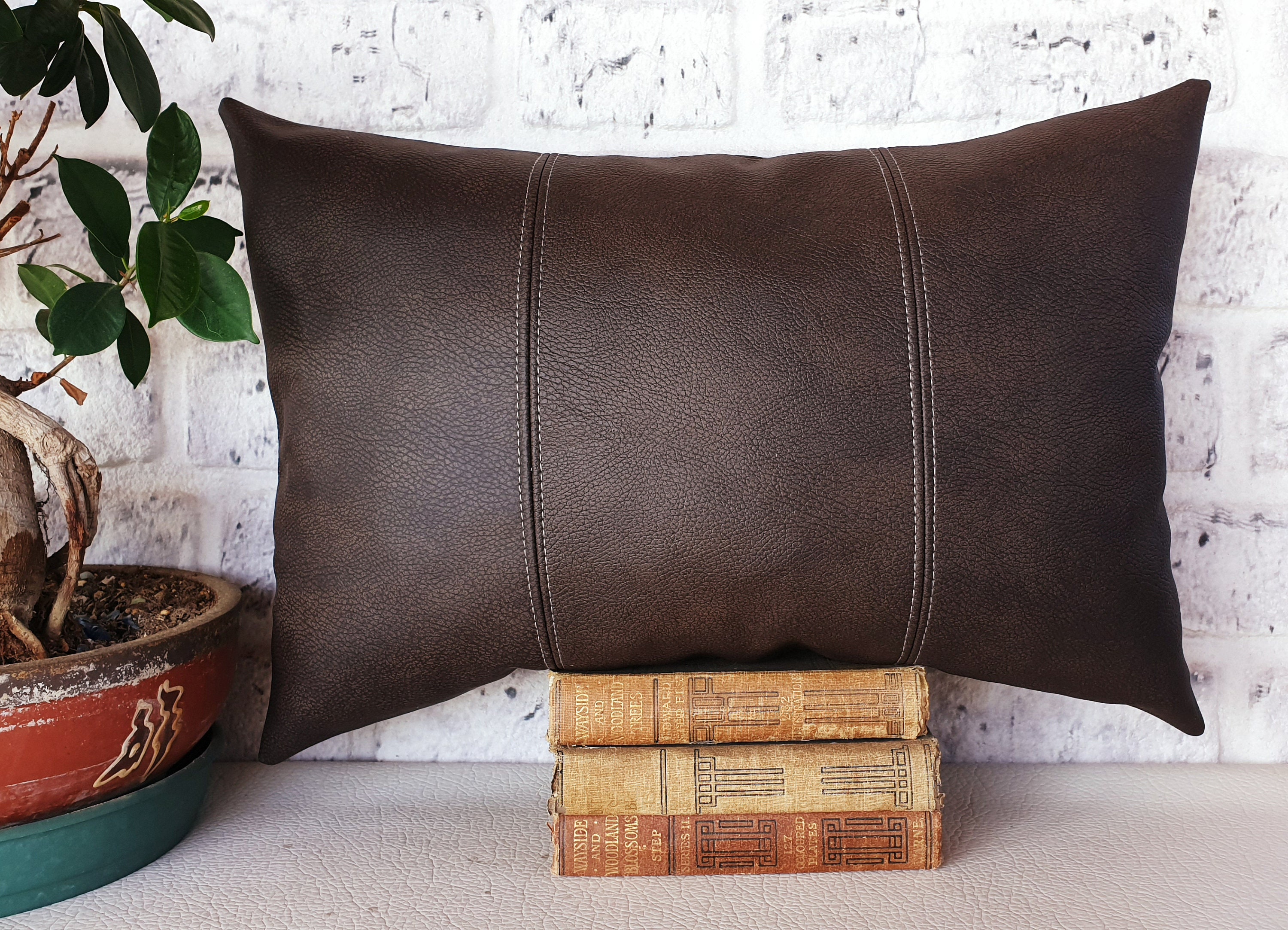 Old look dark brown faux leather pillow cover3 piece Etsy