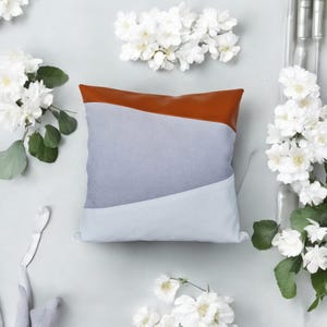 Mid century design burnt orange faux leather -gray faux suede  -white cotton fabric pillow cover/modern Scandinavian houses-1qty