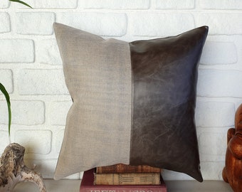 Gray Faux Leather & Cotton Pillow Cover: Modern Rustic Design