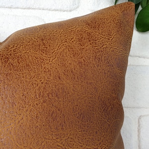 May include: A brown faux leather pillow with a textured surface.