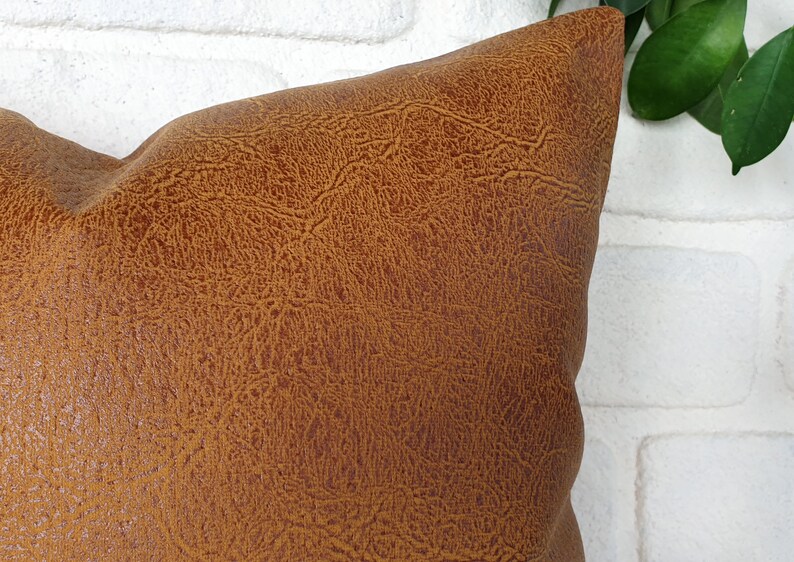 May include: A brown faux leather pillow with a textured surface.