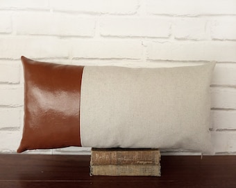 Fast shipping/Cognac brown faux leather-6colors & natural linen lumbar pillow cover/modern scandinavian  home decor/housewarming gift -1pcs