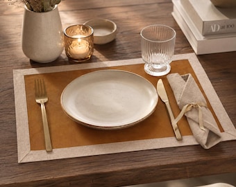 Camel Faux Leather Placemats with Linen Border, Handmade 12x18 Dining Decor