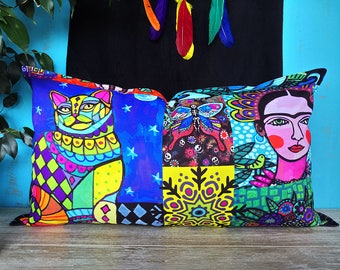 Frida e gatto - federa per cuscino con stampa colorata/regalo per inaugurazione della casa/cuscini con motivi nei colori dell'arcobaleno - 12''x24''