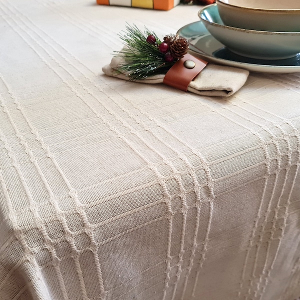 Cream pure cotton country style embossed plaid pattern tablecloth -Natural table cloth -customized  sizes and 4 colors optional
