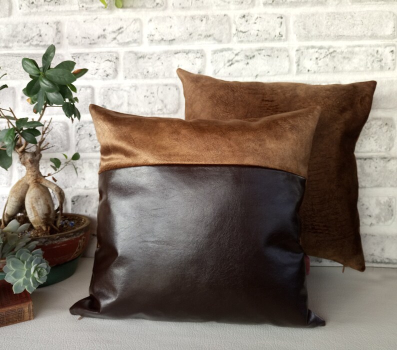 Dark brown faux leather and velvet brown color fabric pillow Etsy
