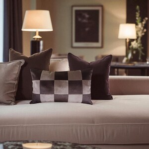 May include: A beige sofa with several decorative pillows. The pillows are various shades of brown and gray, including a checkered pattern. The room has lamps and artwork, creating a cozy atmosphere.