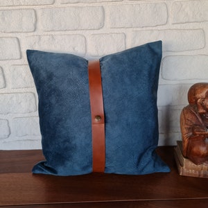 Baby face soft blue velvet fabric pillow cover with cognac brown faux leather straps/faux leather pillow/Housewarming Gift-1qty image 4