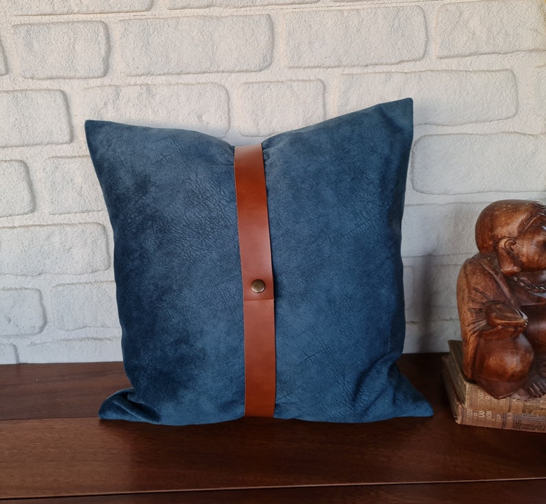 Baby face soft blue velvet fabric pillow cover with cognac brown faux leather straps/faux leather pillow/Housewarming Gift-1qty image 4