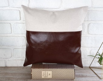 Dark brown Orient faux leather and linen  pillow cover- 4 faux colors /faux leather pillow cover/Housewarming Gift-1qty