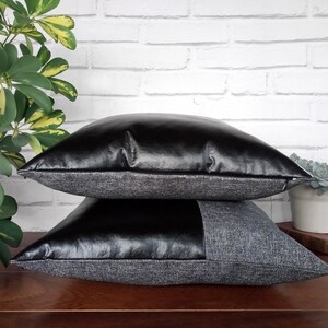 Black faux leather and gray-black color fabric pillow cover/faux leather pillow cover/Housewarming Gift/Colorful Homes/Modern Houses-1pcs image 5