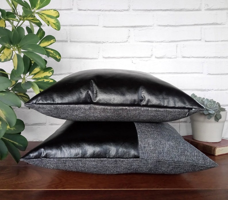 Black faux leather and gray-black color fabric pillow cover/faux leather pillow cover/Housewarming Gift/Colorful Homes/Modern Houses-1pcs image 5