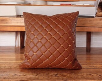 Embroidered Cognac Faux Leather Pillow Cover: Diagonal Design