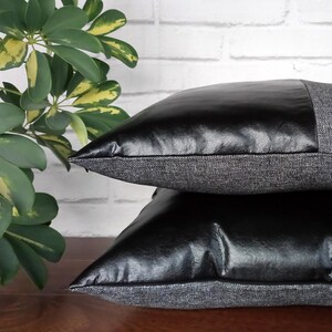 Black faux leather and gray-black color fabric pillow cover/faux leather pillow cover/Housewarming Gift/Colorful Homes/Modern Houses-1pcs image 4