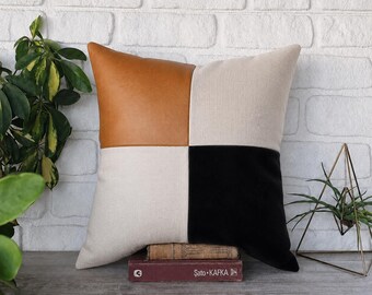 Camel Black Color Block Pillow Cover, Faux Leather Linen Velvet Patchwork Check Cushion