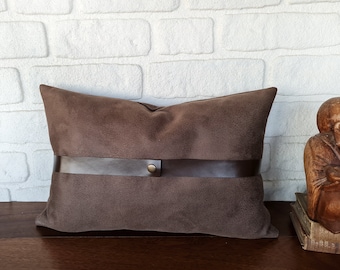 Brown Nubuck Pillow Cover with Faux Leather Strap