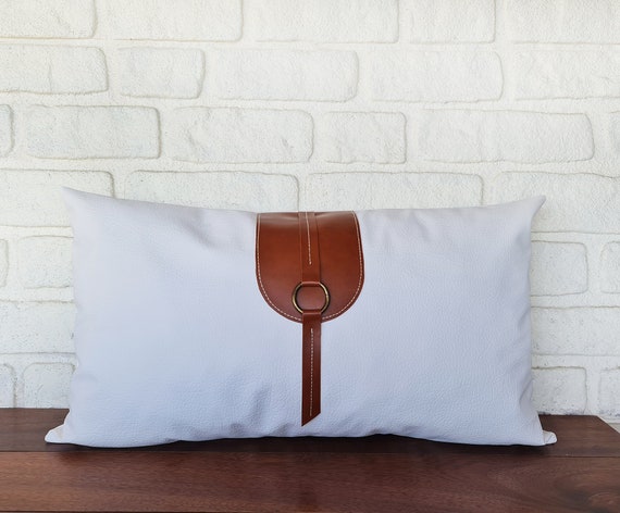 White Faux Leather Pillow Cover With Cognac Faux Leather Straps euro Sharm Cover designer Trow Pillow all Custom Sizes cushion Cover Etsy