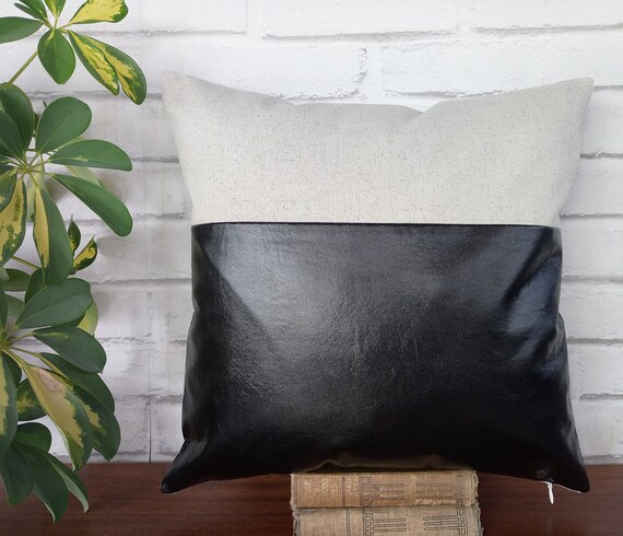 Black Faux Leather & Linen Throw Pillow: Scandinavian Color Block