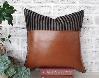 Ready to ship /16x16''(42x42cm) Terracotta  faux leather and stripped chenille fabric  pillow cover -home decor /Housewarming Gift-1qty