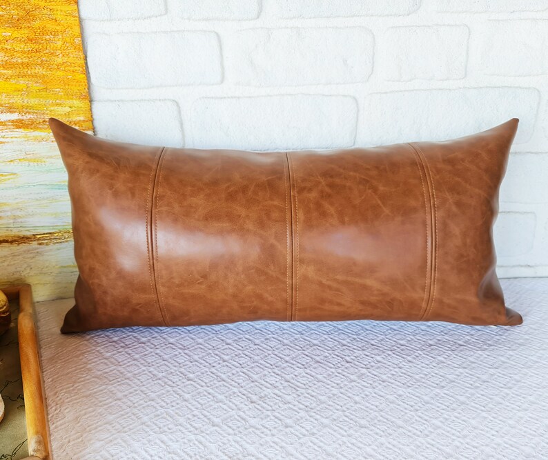 Old Look Cognac Faux Leather Pillow Cover 4 Piece Etsy