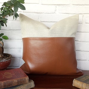 Cognac Faux Leather and Linen Pillow Cover: Modern Home Decor