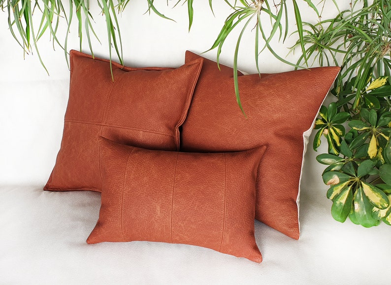 Terracotta Brown Faux Leather Fabric Lumbar Pillow Cover With Etsy