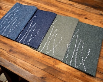Wildflower Embroidered Table Decor - Blue-Green Linen Look Placemats - Country Style Home Decor