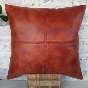 Rustic new terracotta brown color piecewise square soft faux leather fabric lumbar pillow cover with decorative stitches-1QTY image 6
