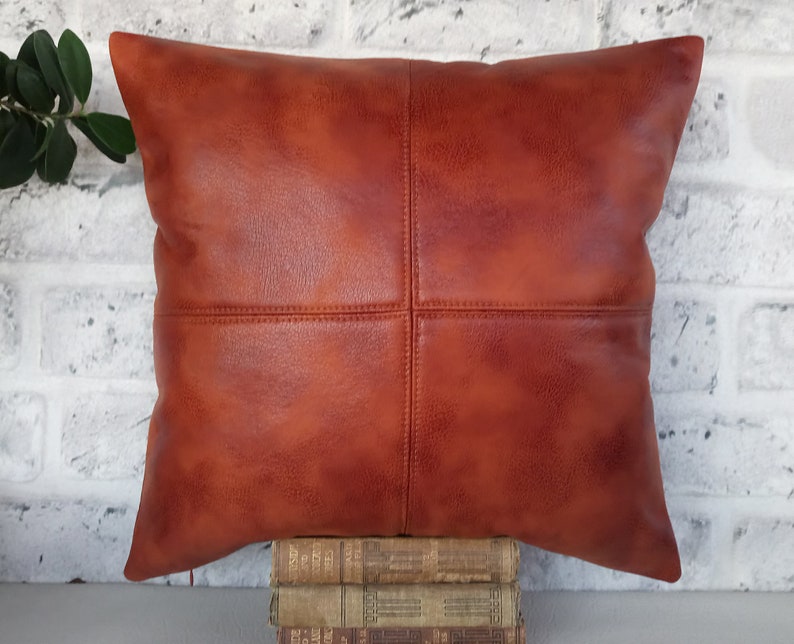 Rustic new terracotta brown color piecewise square soft faux leather fabric lumbar pillow cover with decorative stitches-1QTY image 6