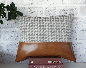 Fast Shipping/Camel faux leather and poly linen look houndstooth  pattern fabric pillow cover/faux leather pillow/Housewarming Gift-1qty