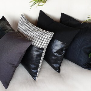 Black charcoal faux leather and anthracite poly-linen fabric pillow cover/faux leather pillow cover/Colorful Homes/Modern Houses-1pcs image 7