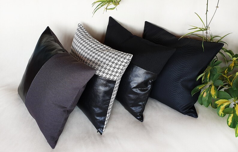 Black charcoal faux leather and anthracite poly-linen fabric pillow cover/faux leather pillow cover/Colorful Homes/Modern Houses-1pcs image 7