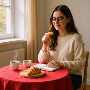 May include: A cozy scene with a red tablecloth, two white coffee cups, and a wooden plate holding a croissant. A person is holding a pastry and reading a book. The person is wearing a cream-colored sweater and glasses.
