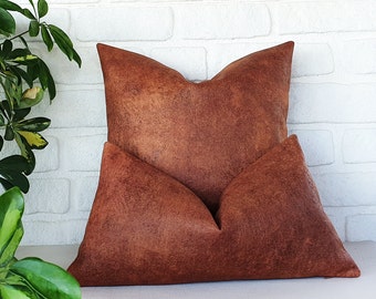 Monica terracotta brown old look pattern textured leather look fabric pillow cover/scandinavian home decor/housewarming gift-1qty