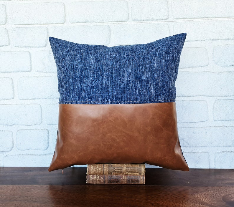 Half cognac faux leather and half denim look blue fabric pillow cover/color block faux leather pillow cover/Housewarming Gift-1qty Blue