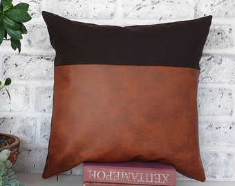 Terracotta old look faux leather and dark brown  fabric pillow cover/faux leather pillow cover/Colorful Homes/Modern Houses-1pcs