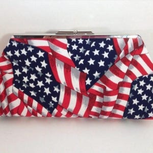 American Flag Clutch Purse with silver tone Finish Snap Close Frame, Americana Bag, Stars Stripe Clutch, Red White Blue Purse